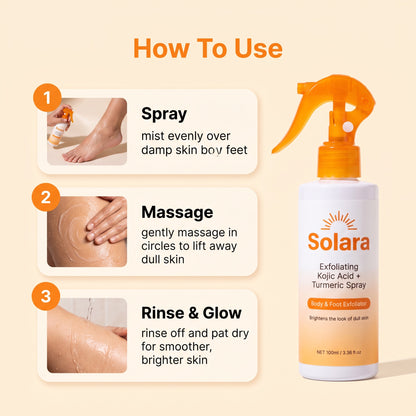 How to use Solara body spray: spray, massage, rinse and glow