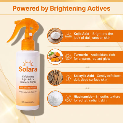 Solara actives: kojic acid, turmeric, salicylic acid, niacinamide