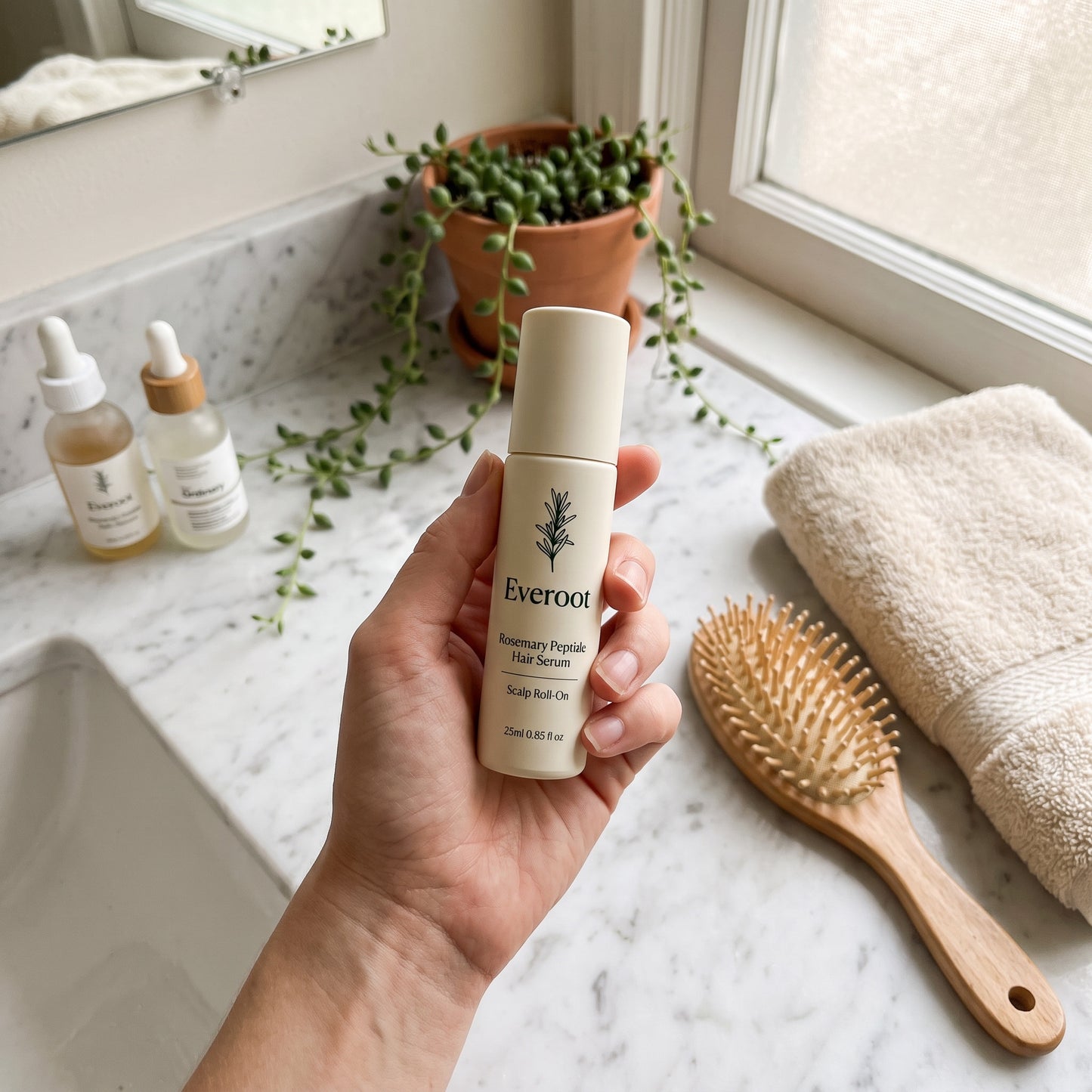 Everoot rosemary hair serum on a marble bathroom vanity