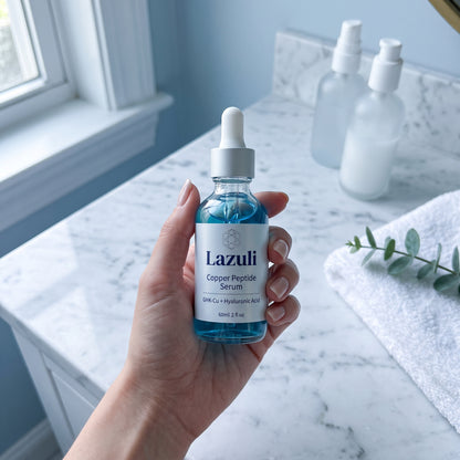 Lazuli copper peptide serum on a marble bathroom vanity