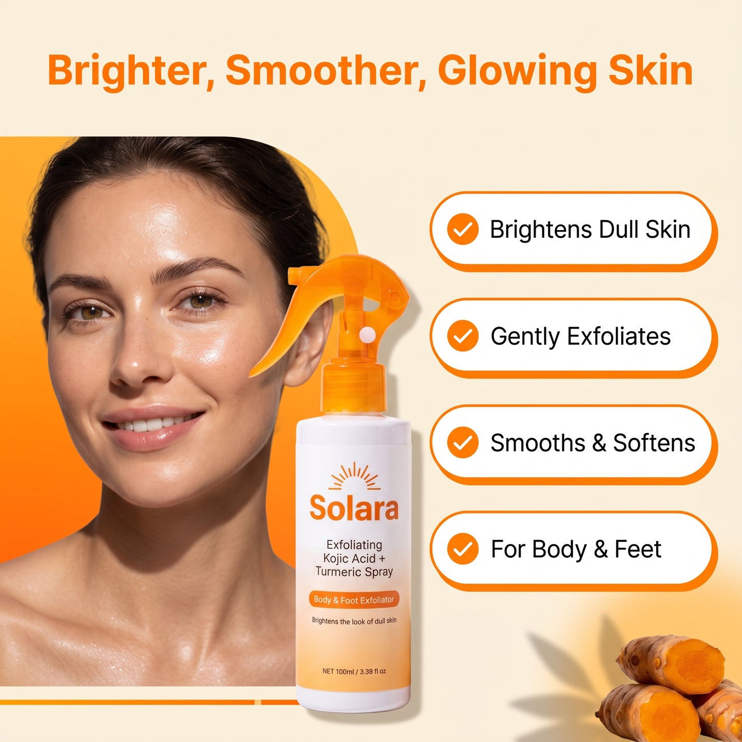 Solara benefits: brightens dull skin, gently exfoliates, smooths and softens
