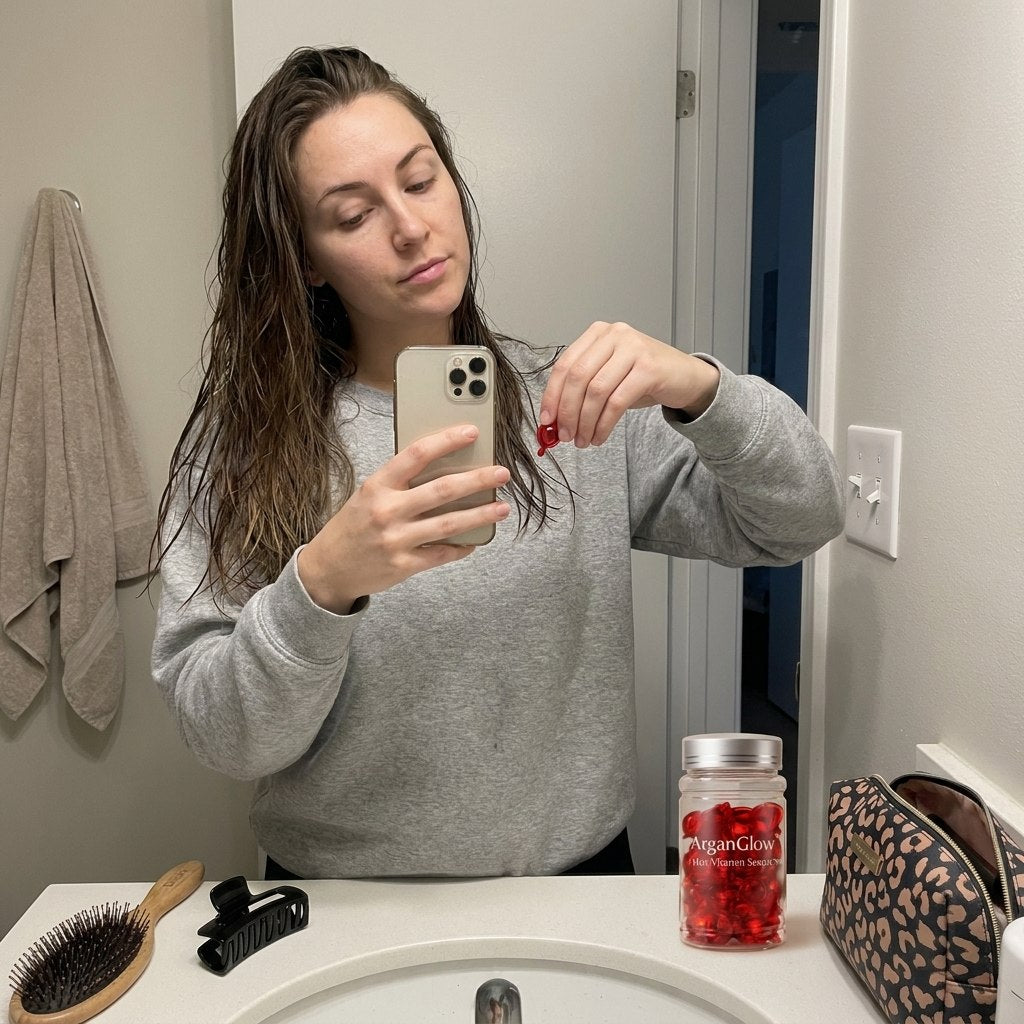 Woman using ArganGlow Hair Capsules