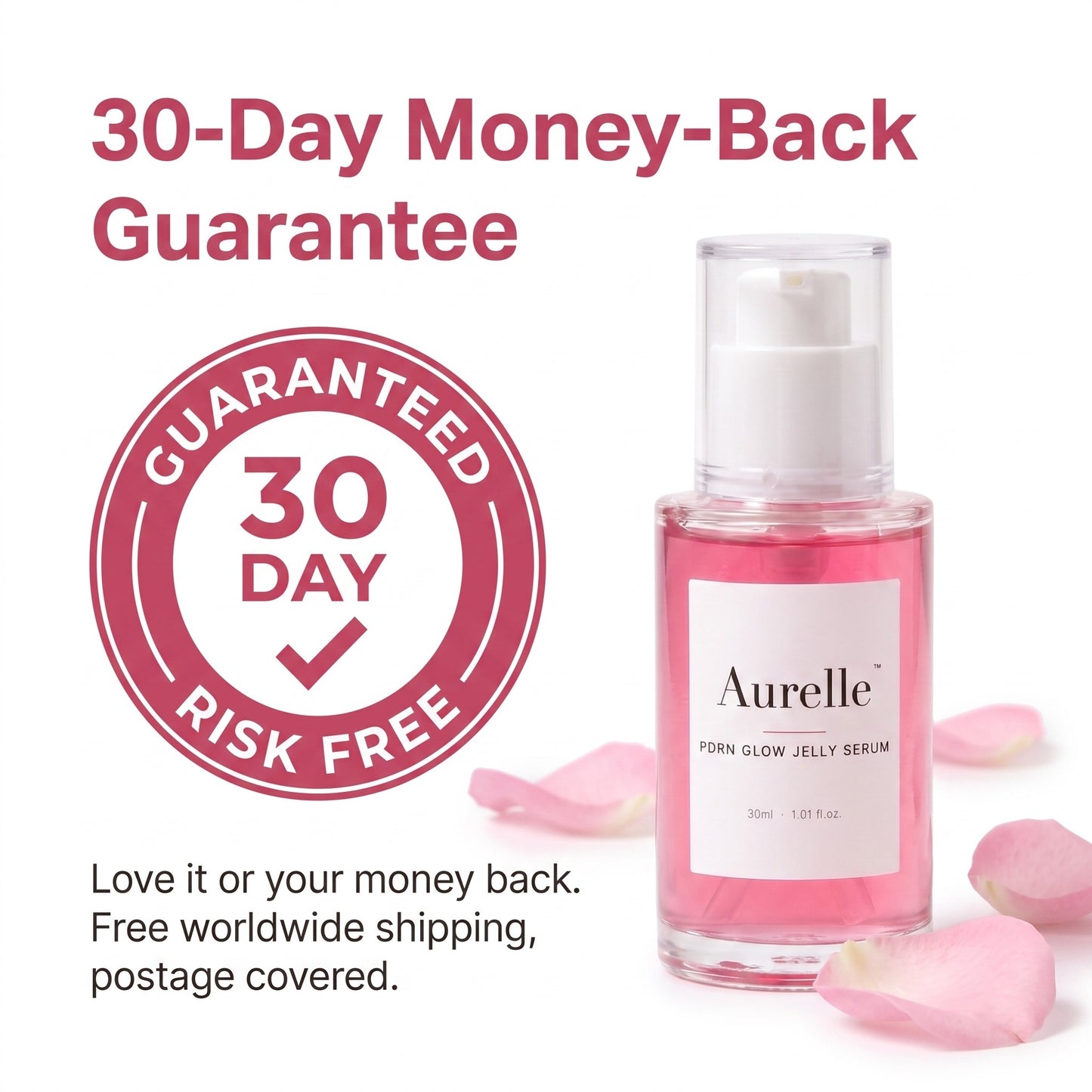 Aurelle 30-day money-back guarantee, free worldwide shipping