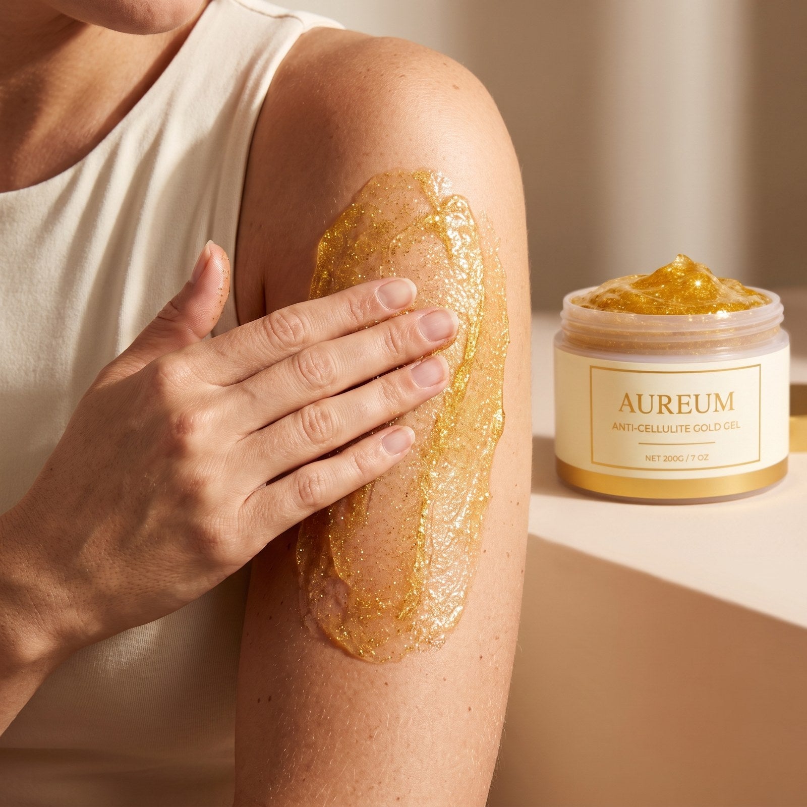 A woman massaging AUREUM Anti-Cellulite Gold Gel into her upper arm, the gold glitter gel visible on her skin, with the open 200g tub beside her