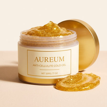 The AUREUM Anti-Cellulite Gold Gel 200g tub, open, showing the thick gold glitter gel, with the gold lid behind