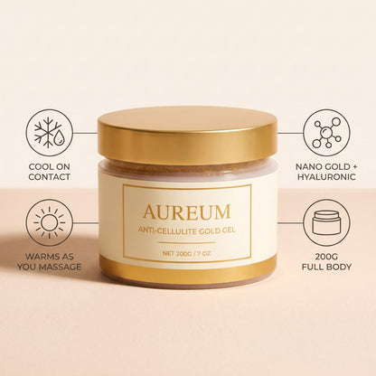 AUREUM Anti-Cellulite Gold Gel benefits: cool on contact, warms as you massage, nano gold and hyaluronic acid, 200g full body size