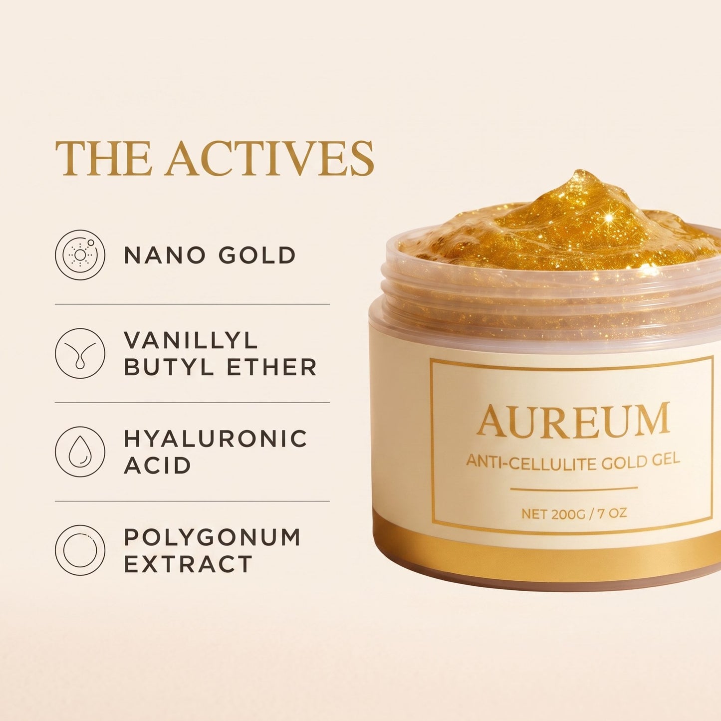 AUREUM key actives: nano gold, vanillyl butyl ether, hyaluronic acid and polygonum extract