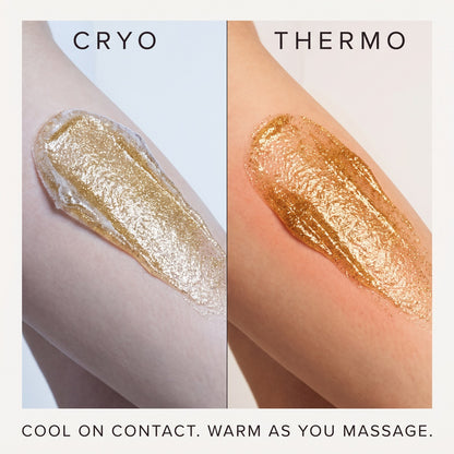Cryo to thermo: the gold gel goes on cool and turns warm as it is massaged into the skin
