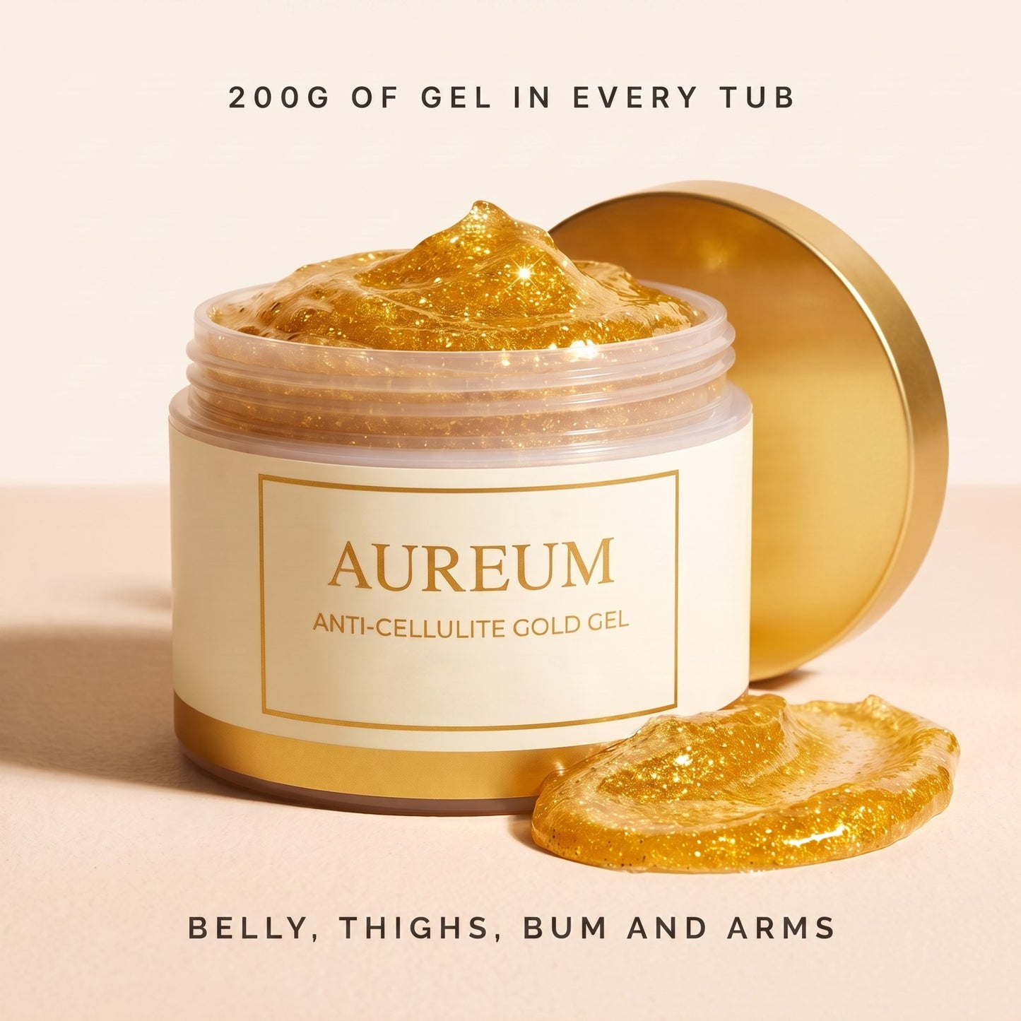 The 200g AUREUM tub open, showing the gold glitter gel, for belly, thighs, bum and arms