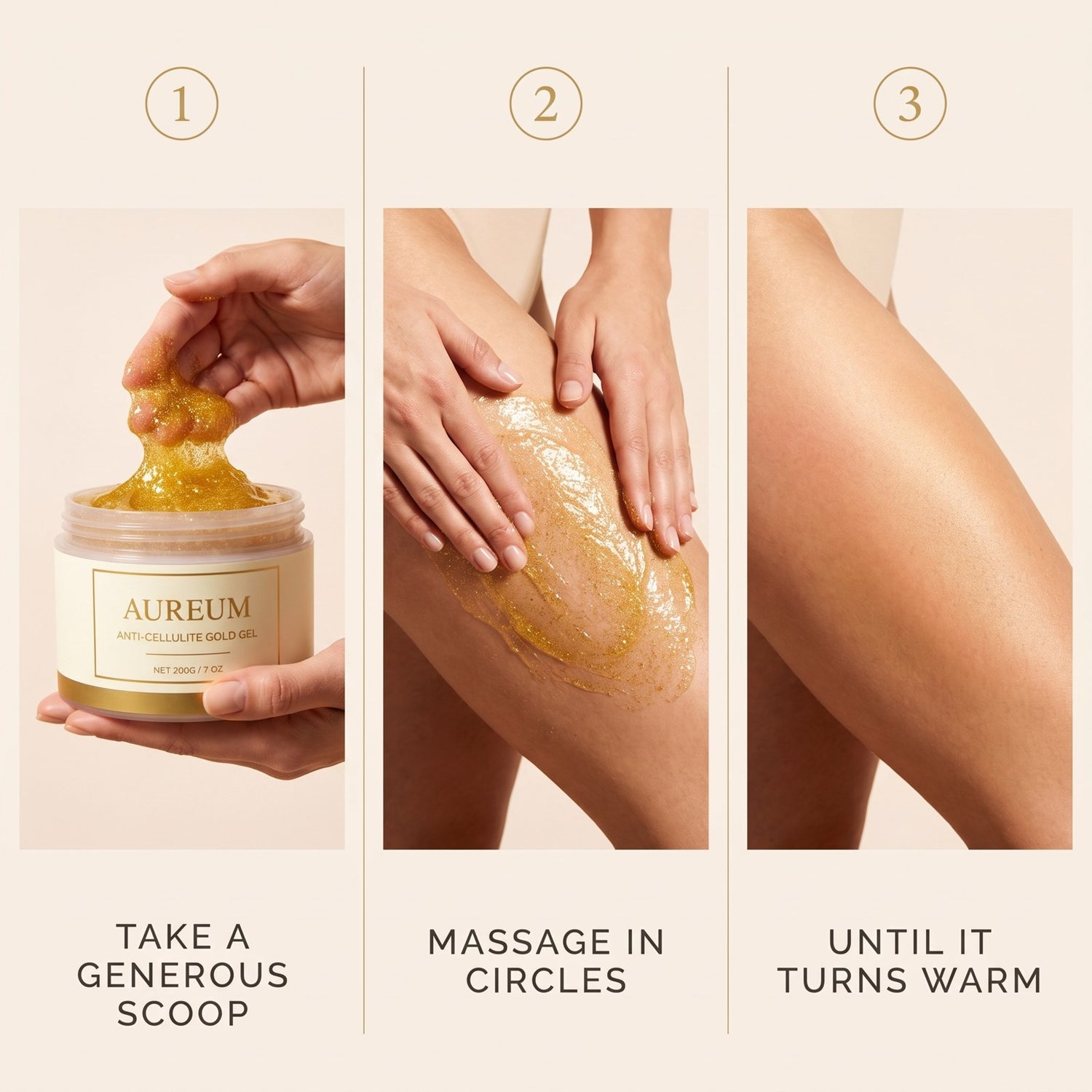How to use AUREUM in three steps: take a generous scoop, massage in circles, until it turns warm