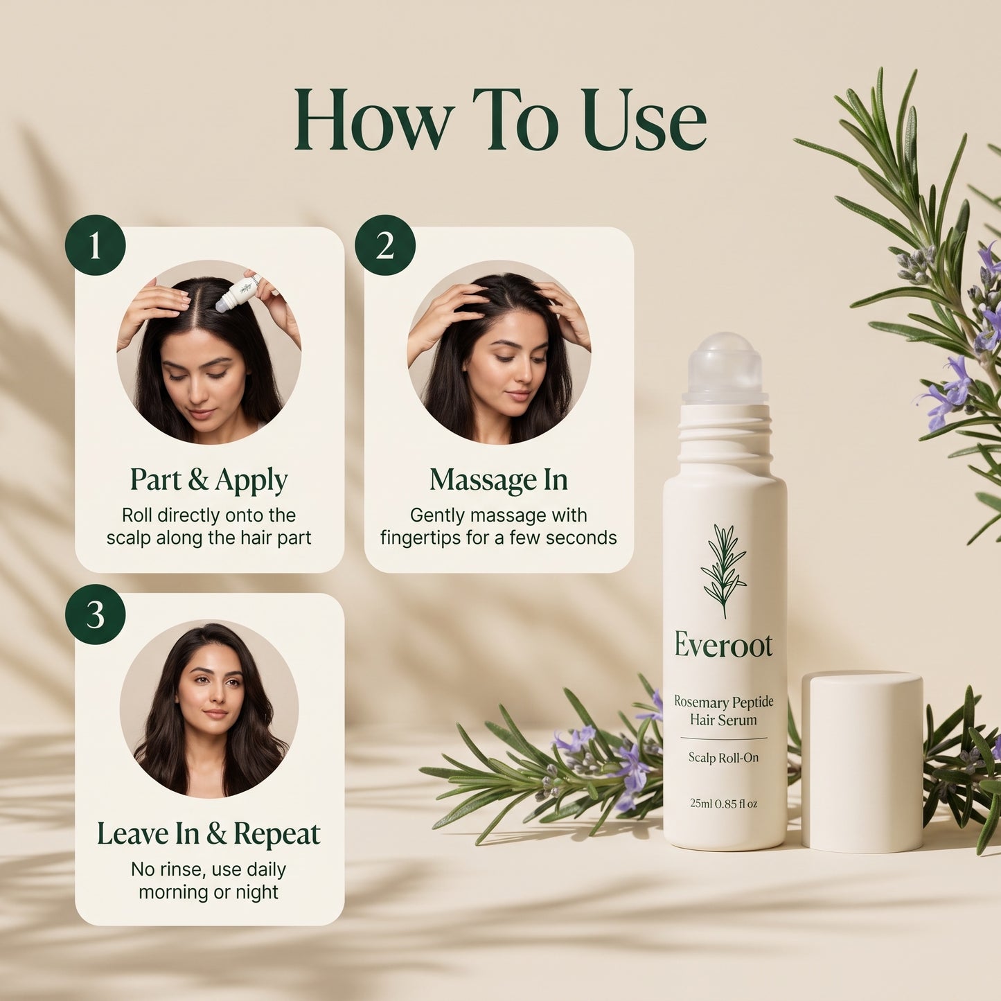 How to use Everoot scalp roll-on serum in three steps