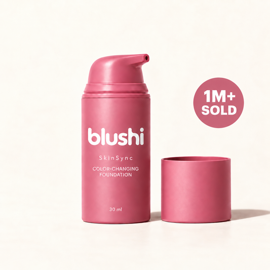 Blushi SkinSync foundation bottle and cap with 1M+ sold badge