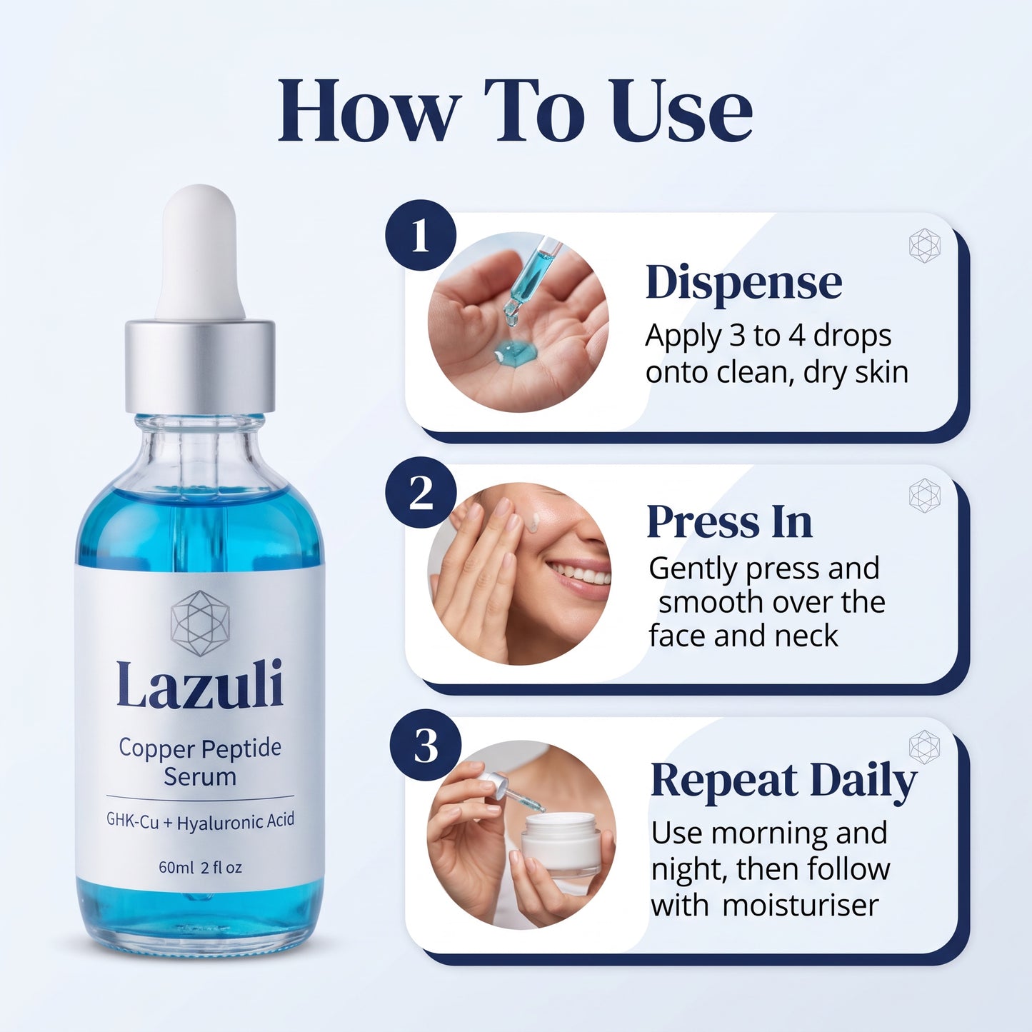 How to use Lazuli serum: dispense, press in, repeat daily