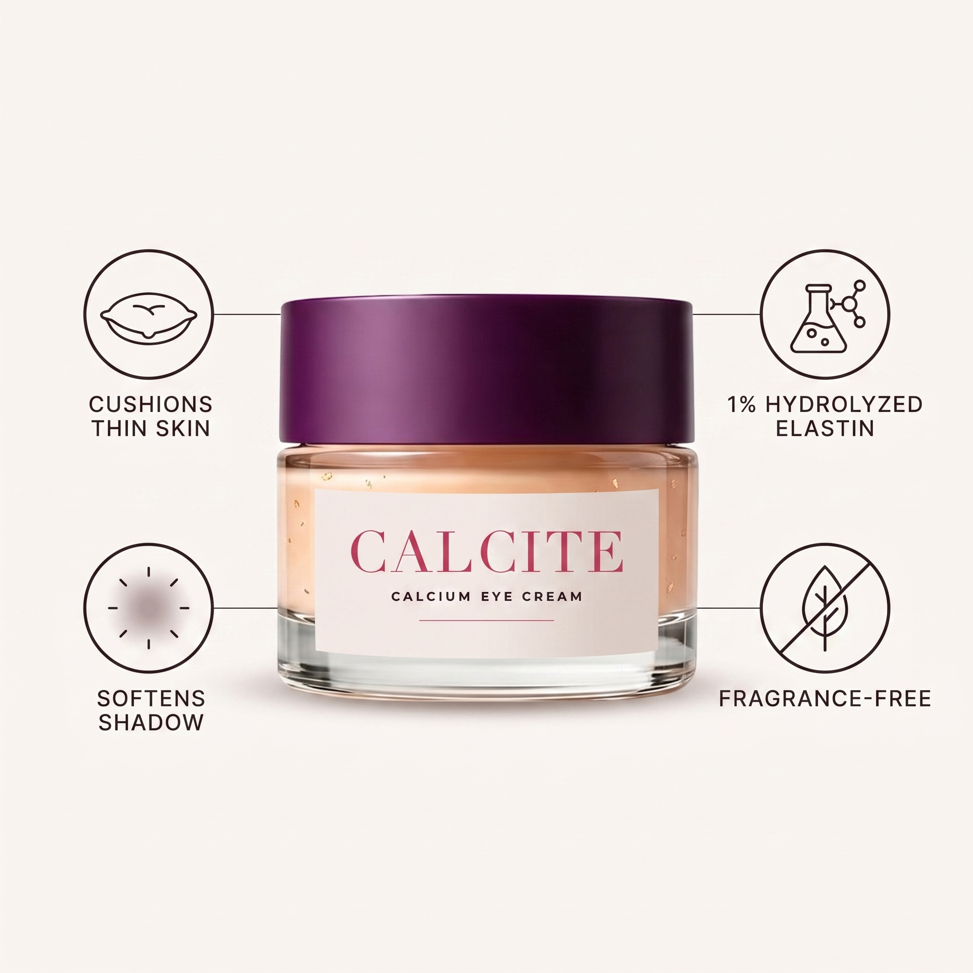 CALCITE benefits: cushions thin skin, softens shadow, 1% hydrolyzed elastin, fragrance-free