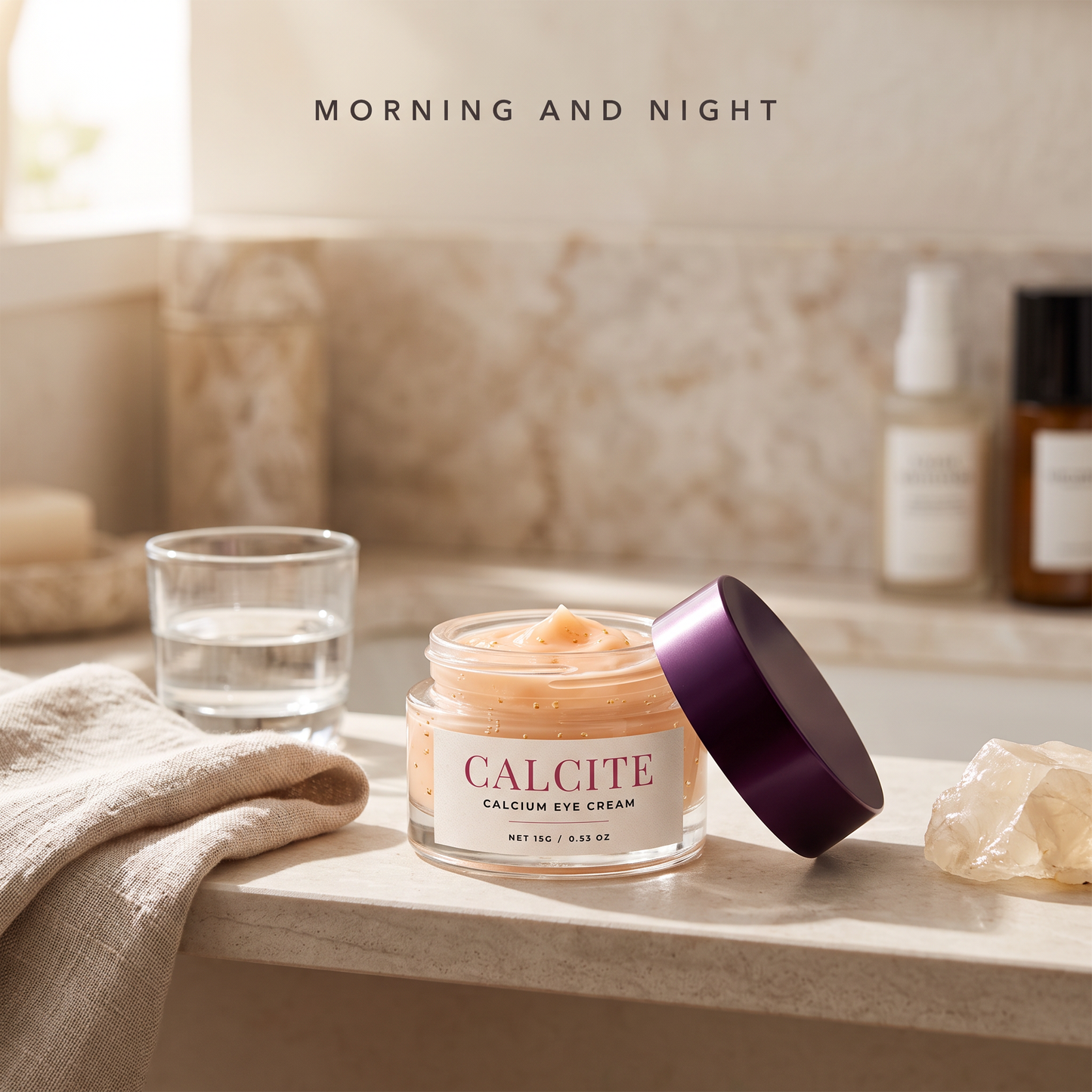 CALCITE on a bathroom shelf, used morning and night