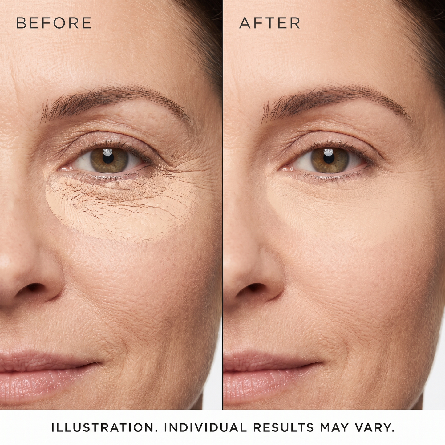 Illustration: concealer creasing on unprepared skin versus sitting flat on cushioned skin. Individual results may vary