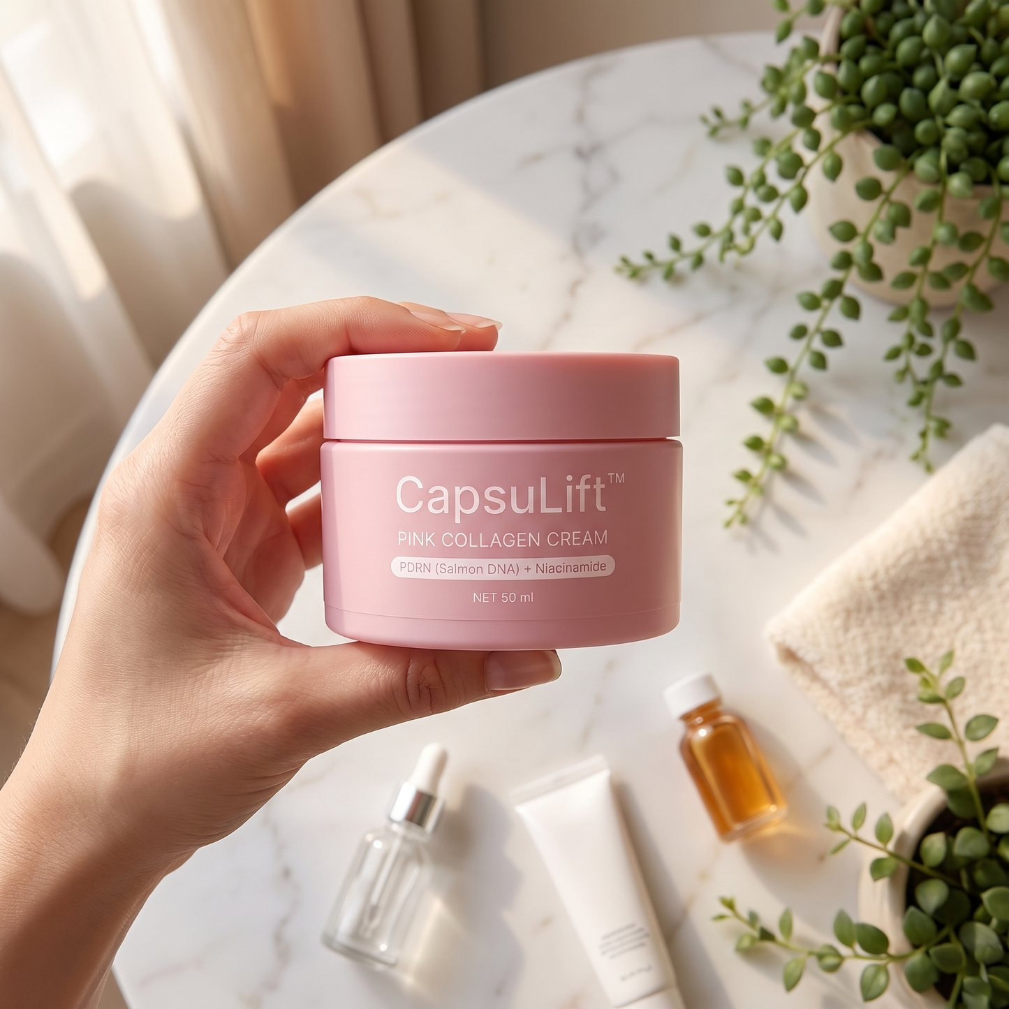 Holding CapsuLift Pink Collagen Cream on marble bathroom counter