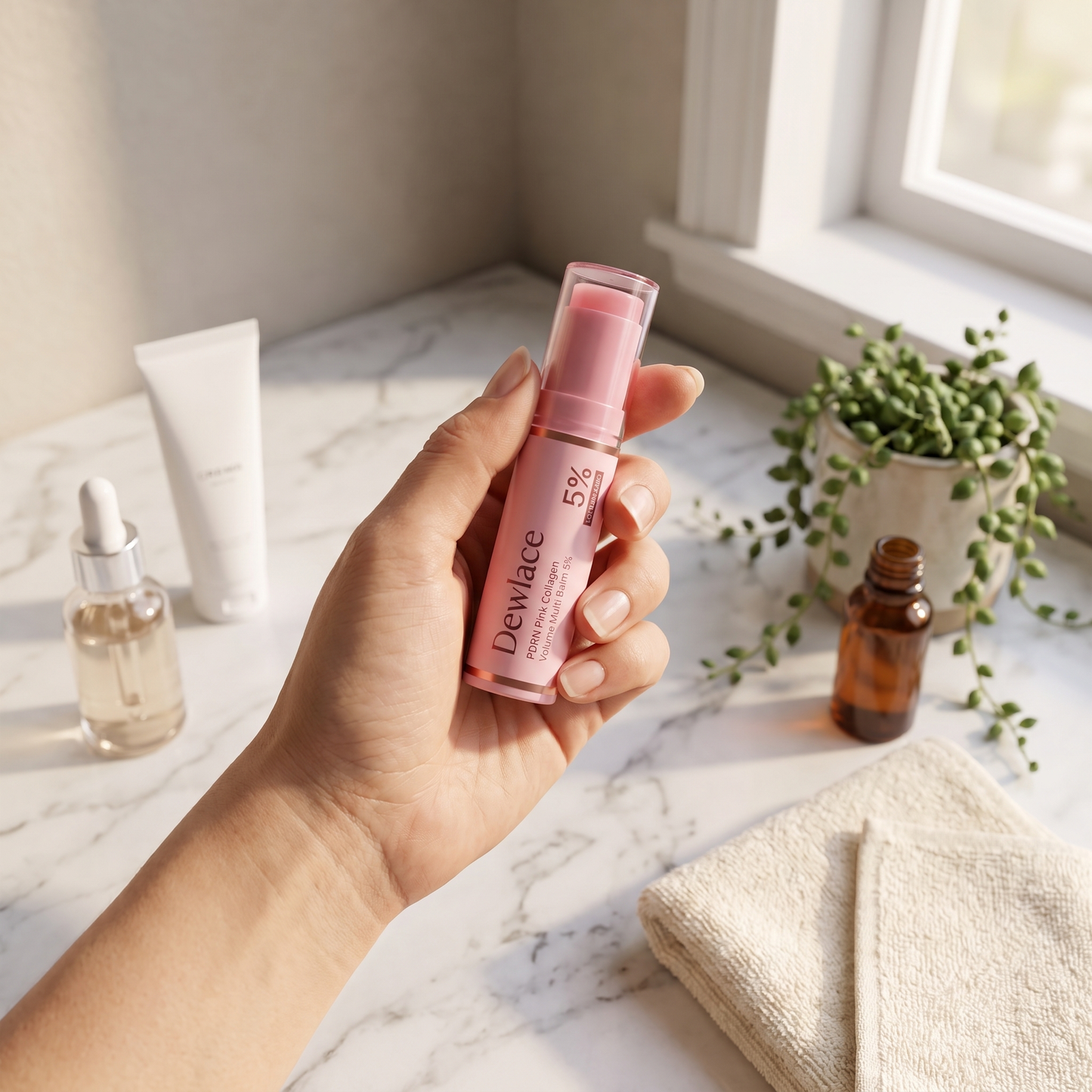 Holding Dewlace Volume Multi Balm on marble bathroom counter