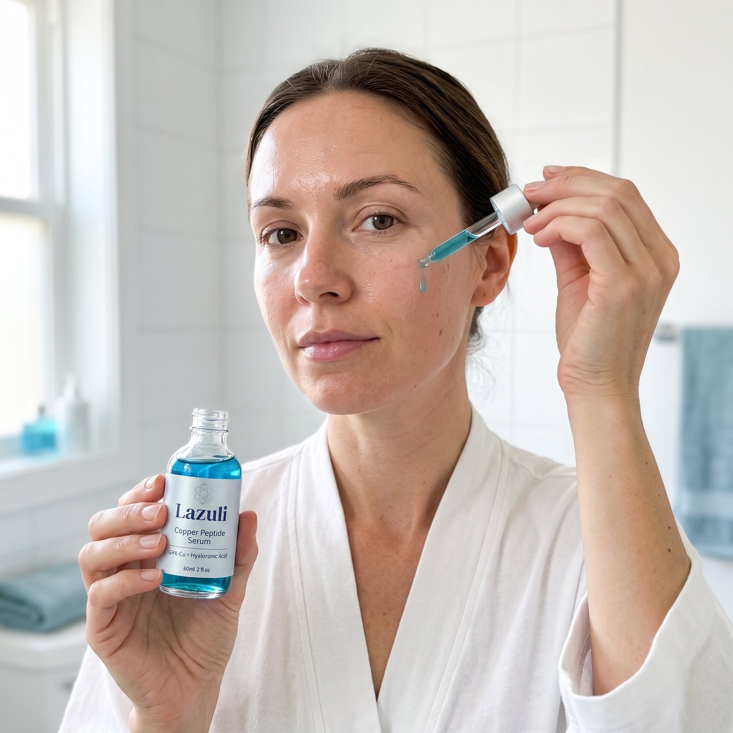 Woman applying Lazuli blue copper peptide serum to her face