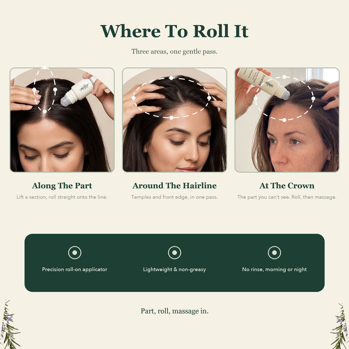 Where to roll Everoot serum — along the part, around the hairline and at the crown
