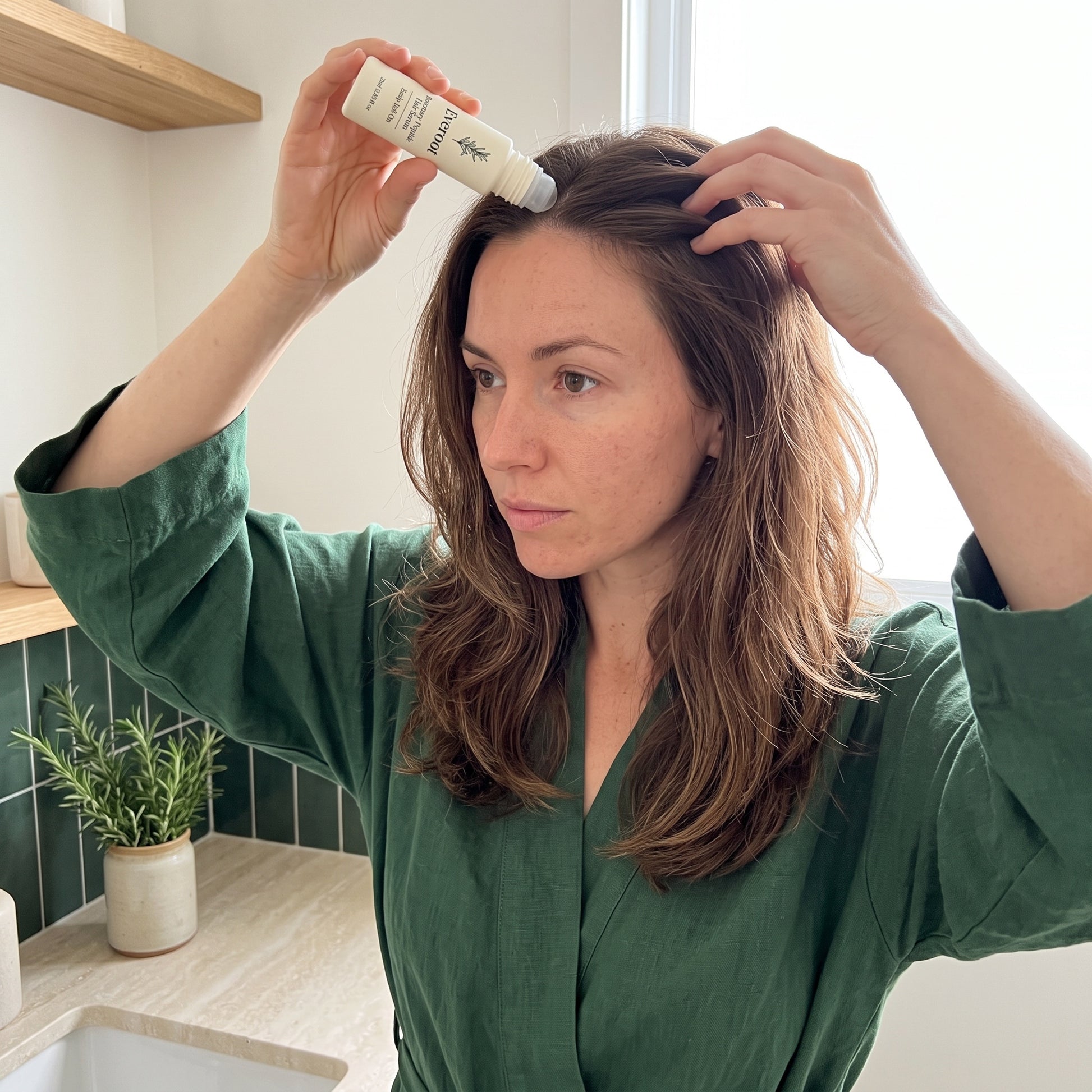 Woman applying Everoot rosemary scalp serum roll-on to her hair part