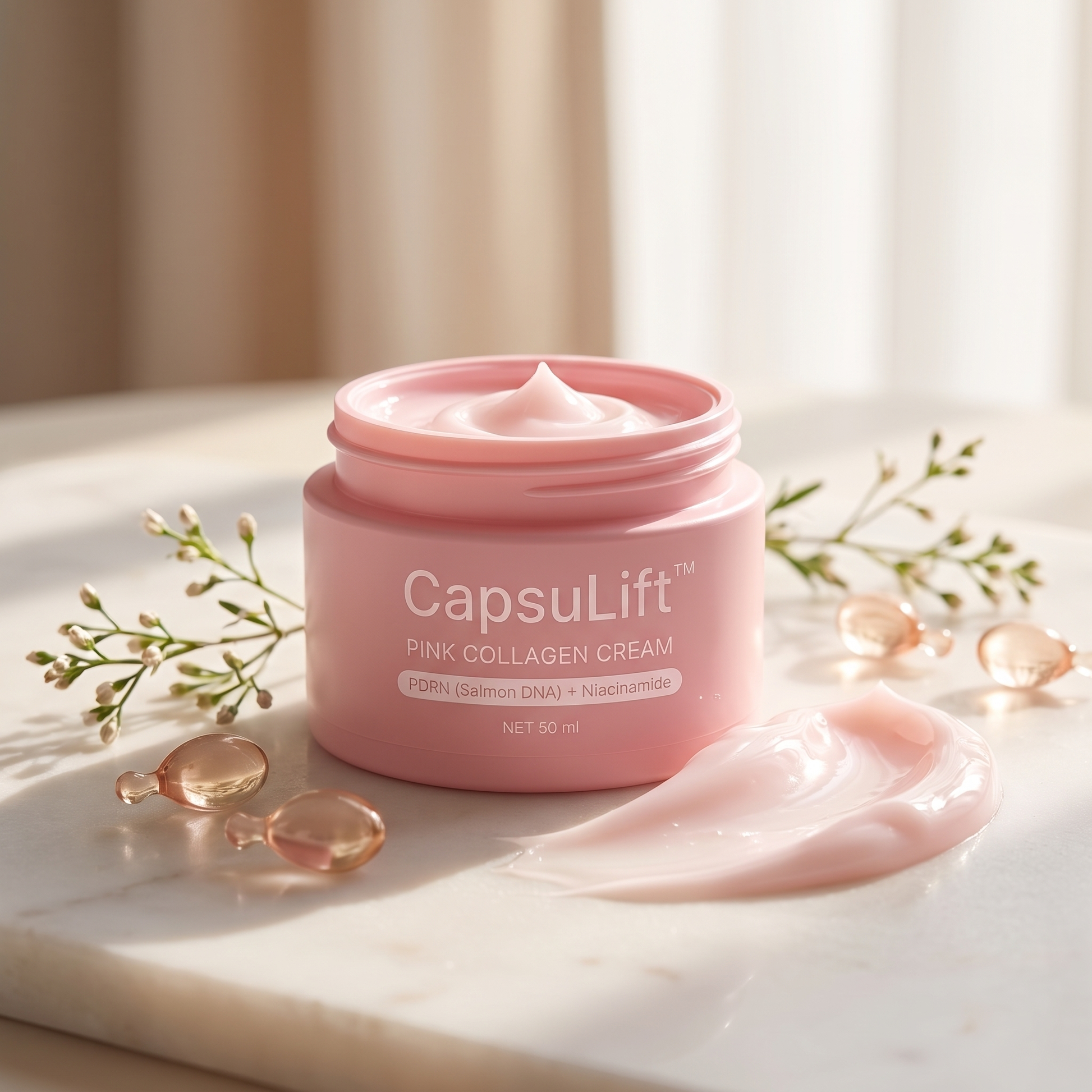 CapsuLift Pink Collagen Cream jar with pink cream texture on marble