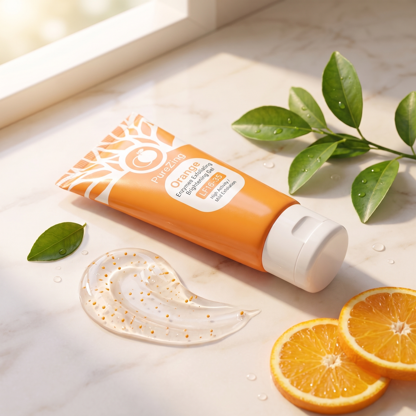 PureZing Orange Enzyme Brightening Gel tube with clear gel texture and fresh oranges on marble