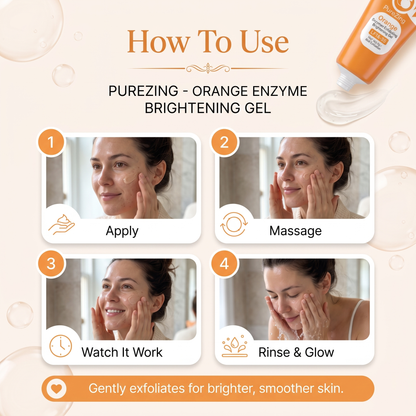 How to use PureZing Orange Enzyme Brightening Gel in four steps: apply, massage, watch it work, rinse and glow
