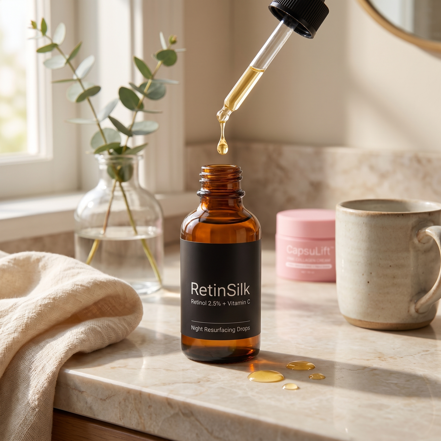 RetinSilk Retinol Vitamin C serum bottle with dropper on marble bathroom counter