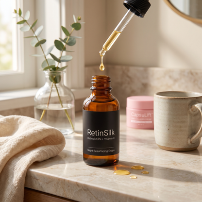 RetinSilk Retinol Vitamin C serum bottle with dropper on marble bathroom counter