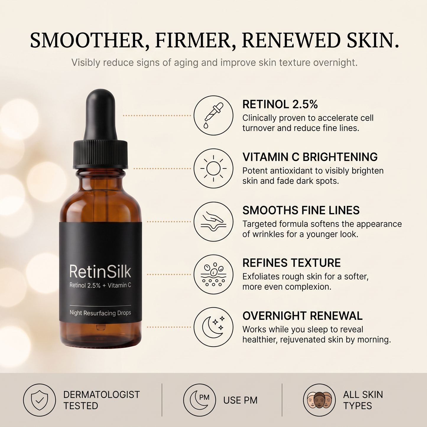 RetinSilk benefits: retinol 2.5%, vitamin C brightening, smooths fine lines, refines texture, overnight renewal