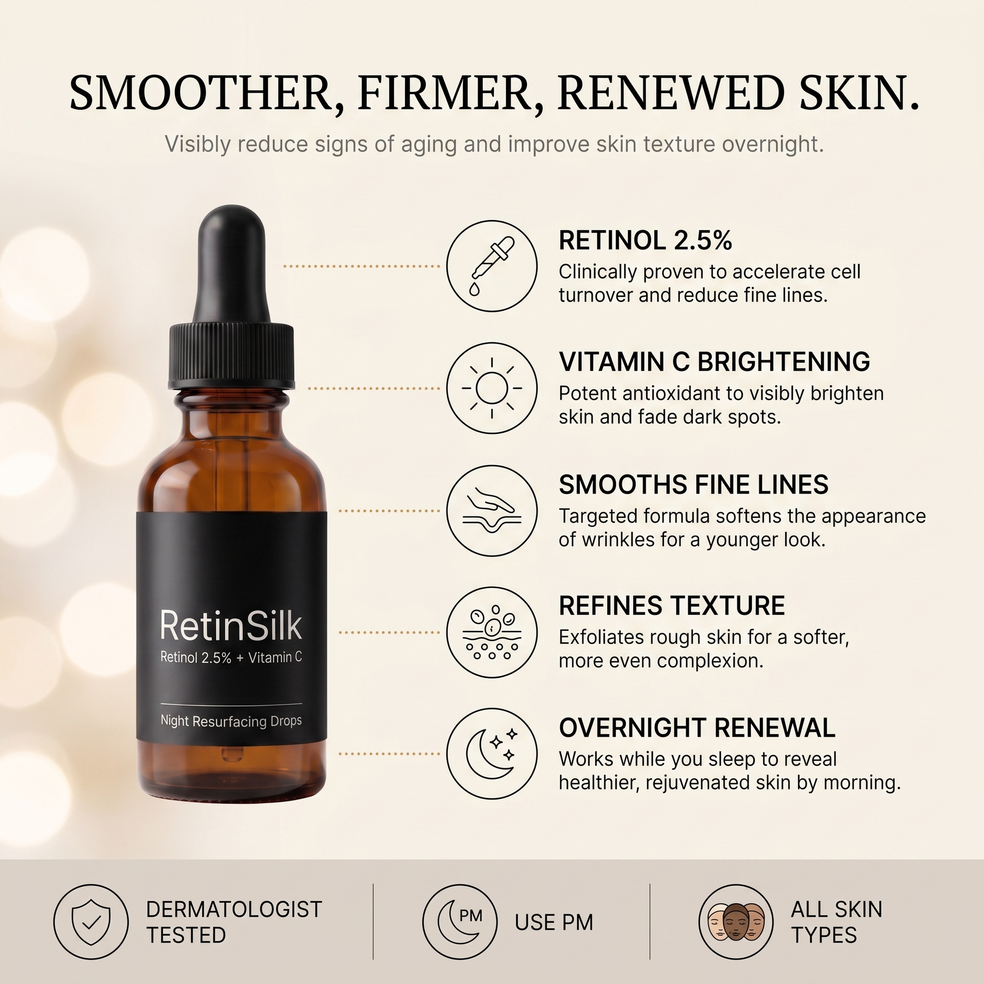 RetinSilk benefits: retinol 2.5%, vitamin C brightening, smooths fine lines, refines texture, overnight renewal