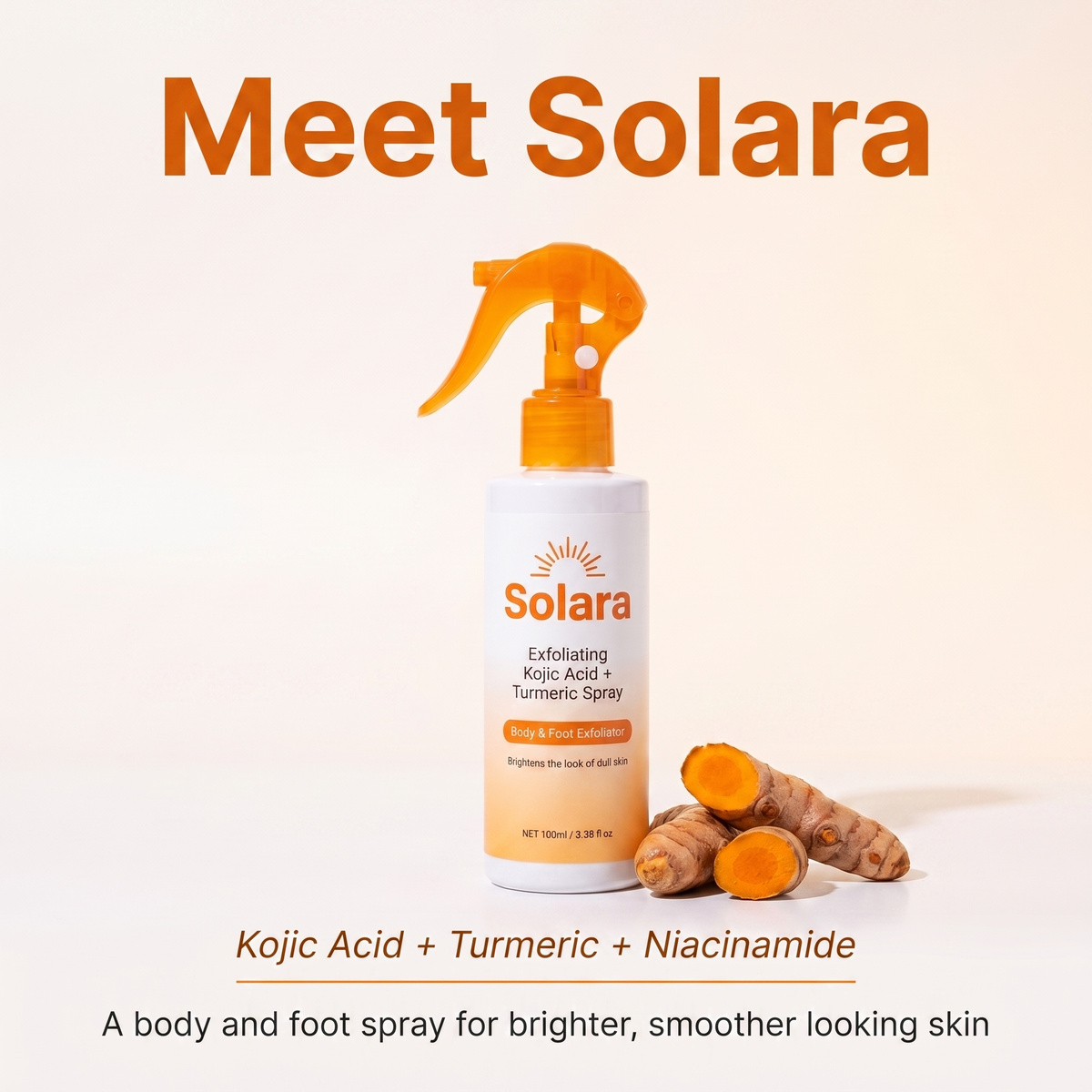 Meet Solara: kojic acid, turmeric and niacinamide body and foot spray