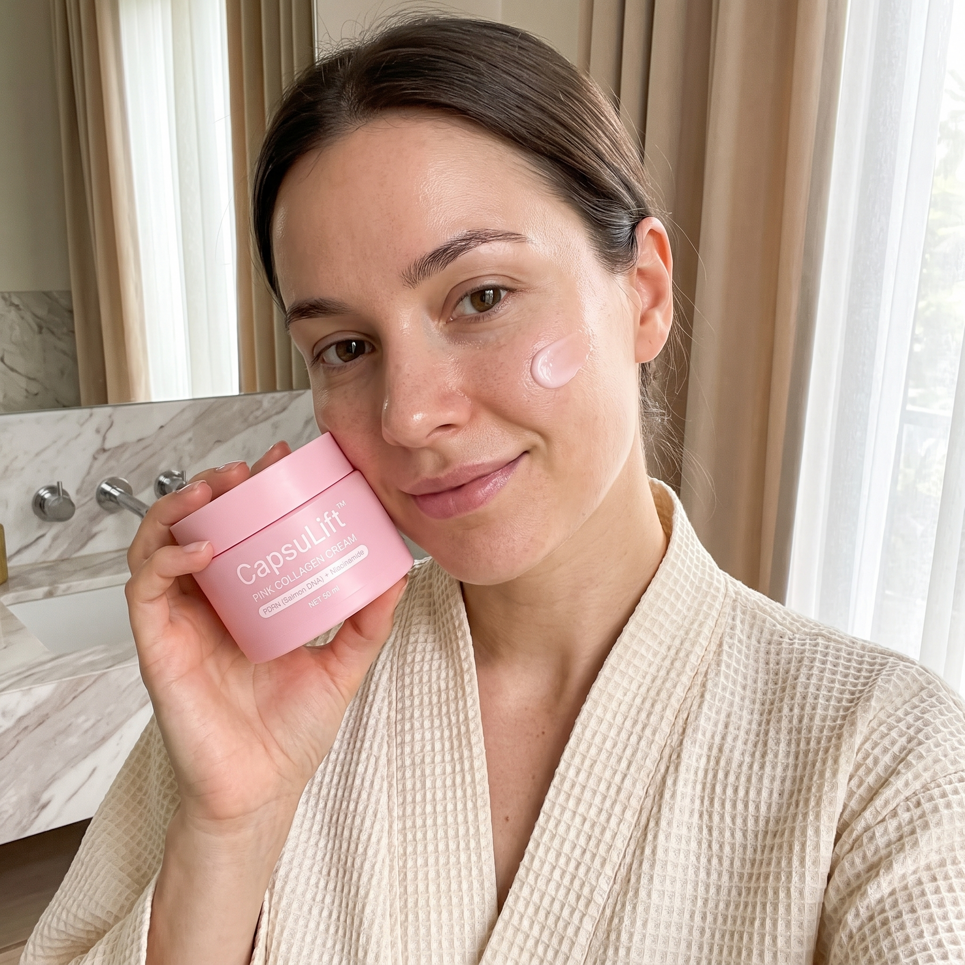 Woman applying CapsuLift Pink Collagen Cream