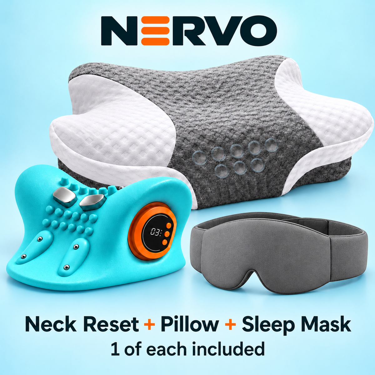 Nervo Complete Wind-Down Bundle: one Neck Reset, one neck support pillow and one grey sleep mask