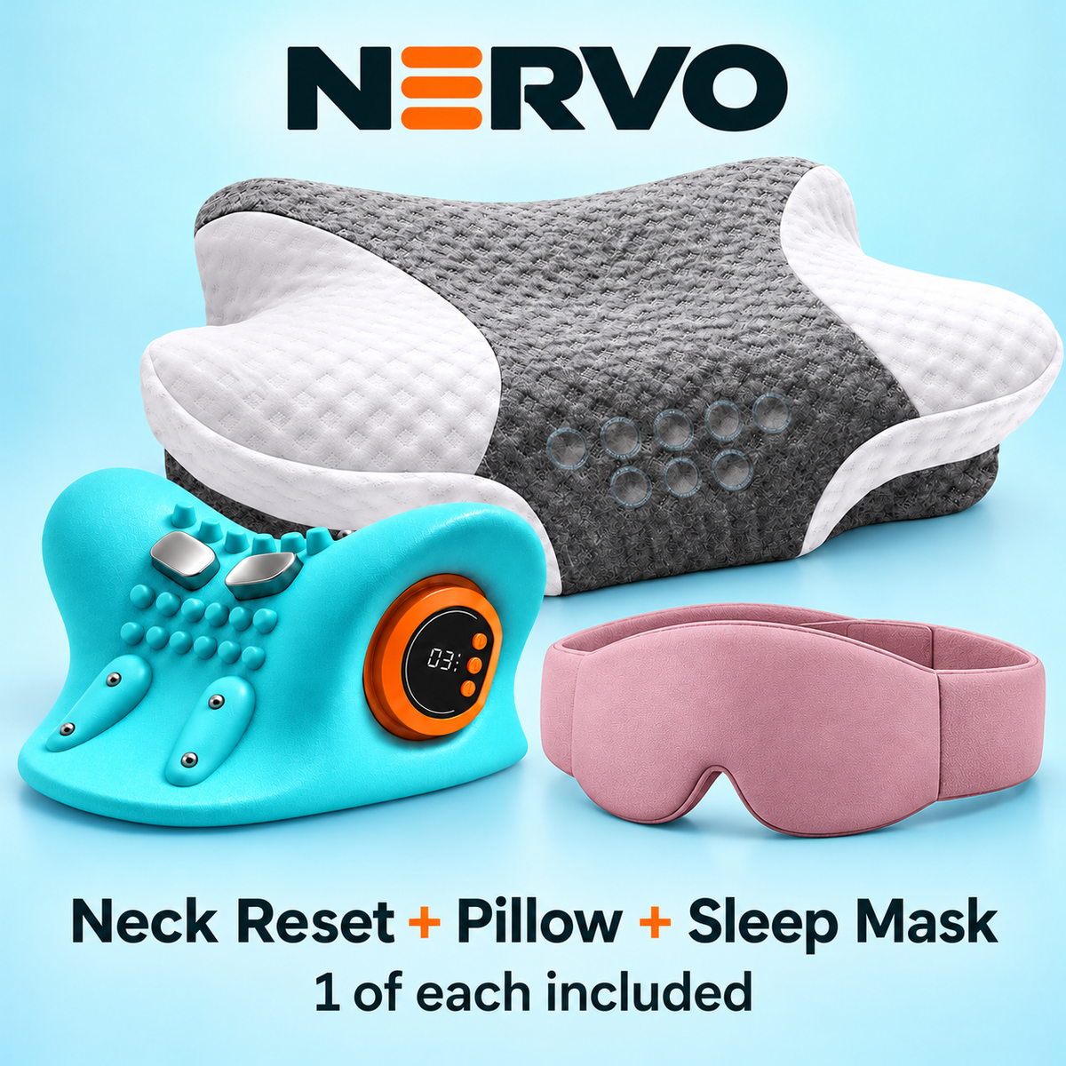 Nervo Complete Wind-Down Bundle: one Neck Reset, one neck support pillow and one pink sleep mask