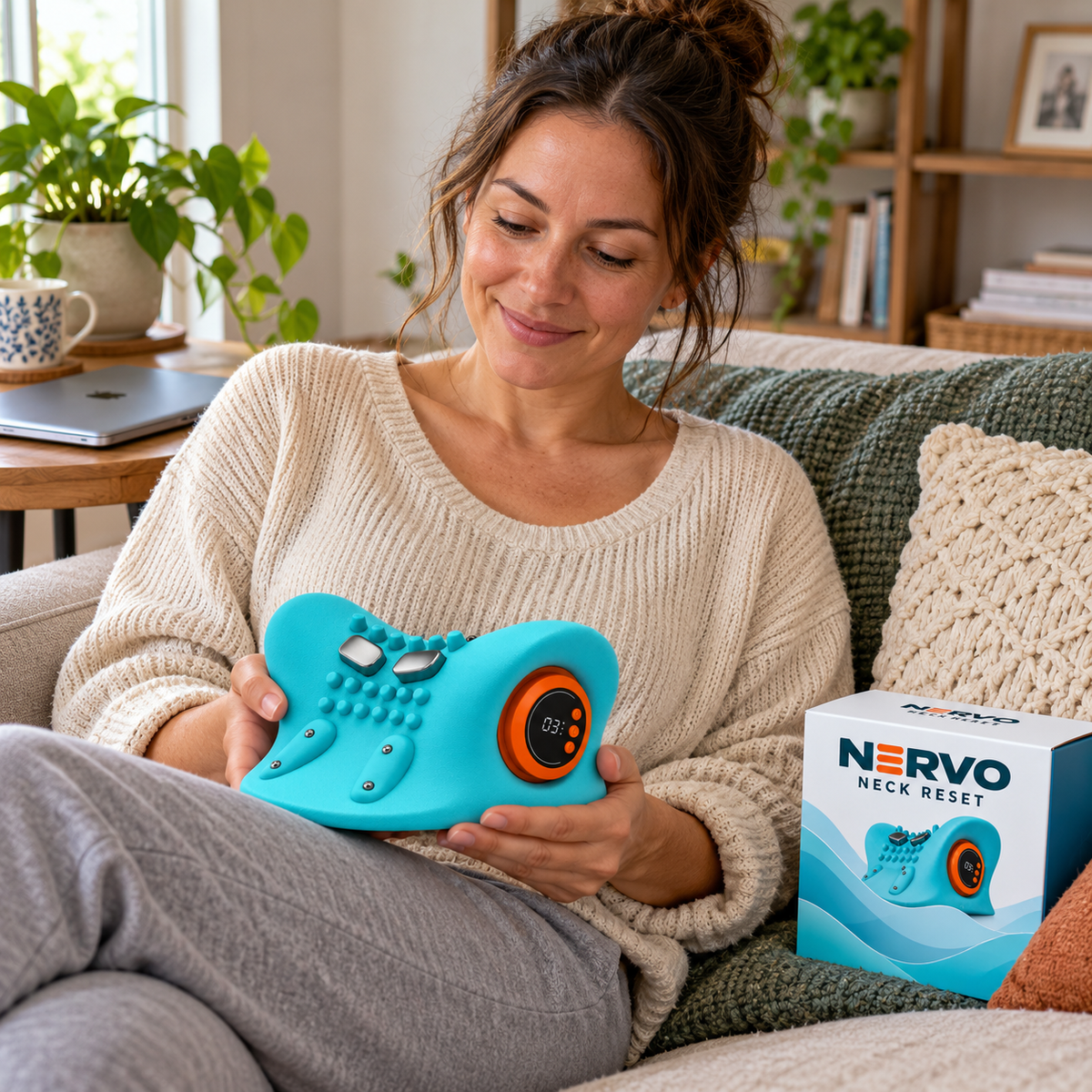Illustrative Nervo lifestyle image of a woman holding the aqua neck-care device at home