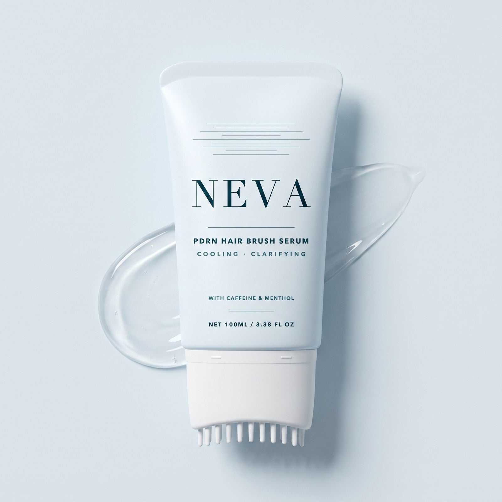NEVA PDRN Hair Brush Serum, a 100ml white tube with a built-in white comb applicator