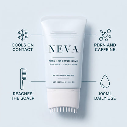 NEVA benefits: cools on contact, reaches the scalp, PDRN and caffeine, 100ml daily use