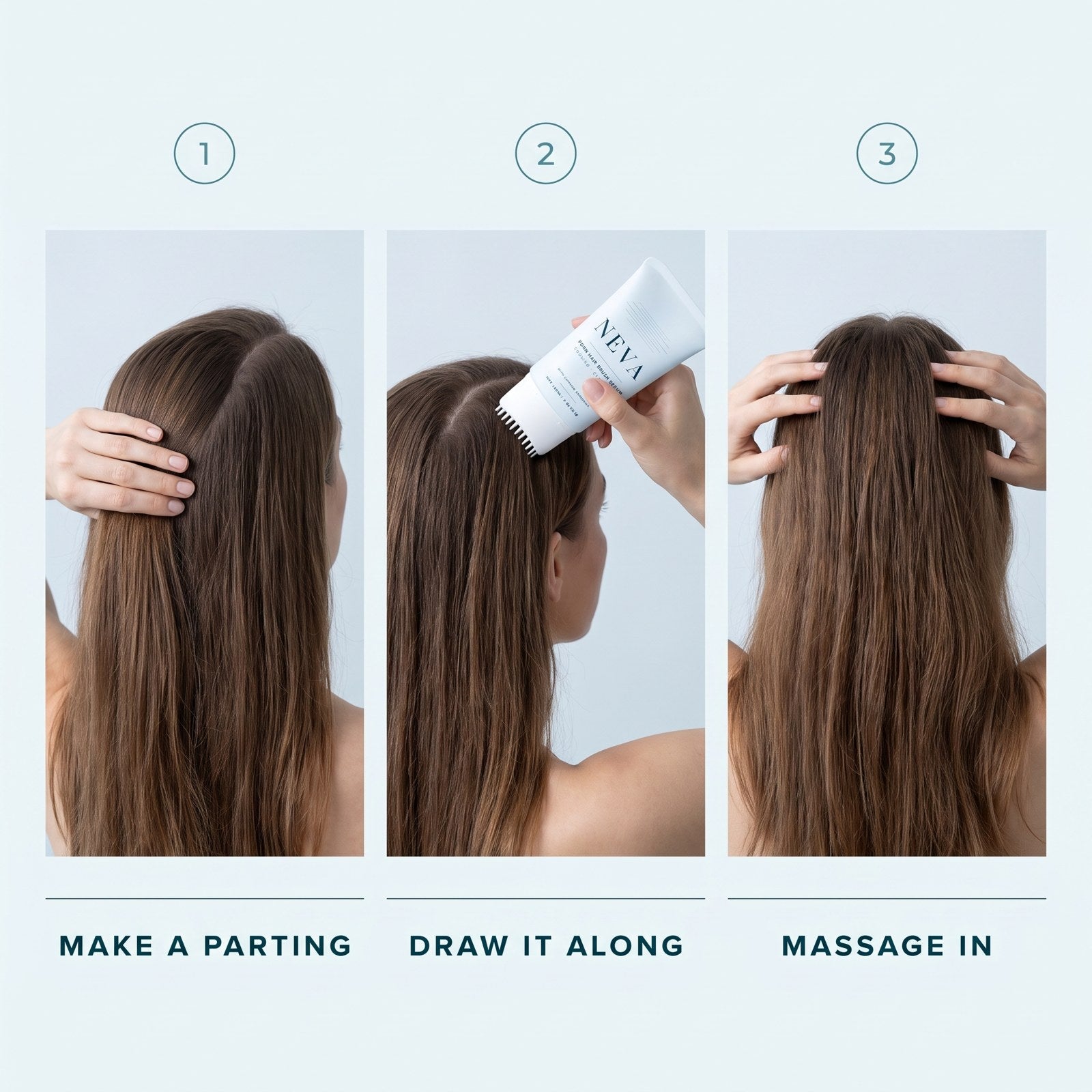 How to use NEVA in three steps: make a parting, draw it along, massage in