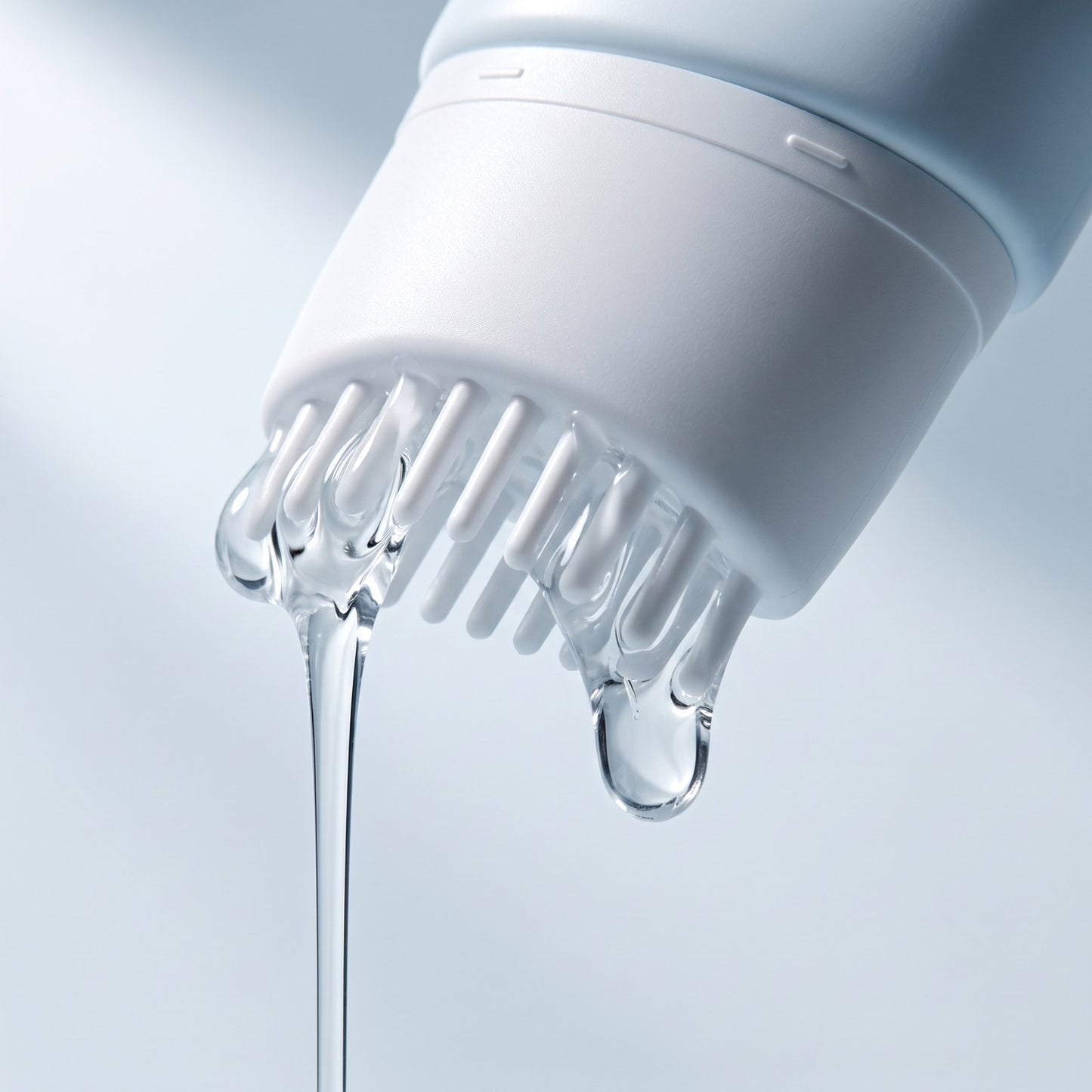 Macro of clear serum running out between the short white applicator teeth