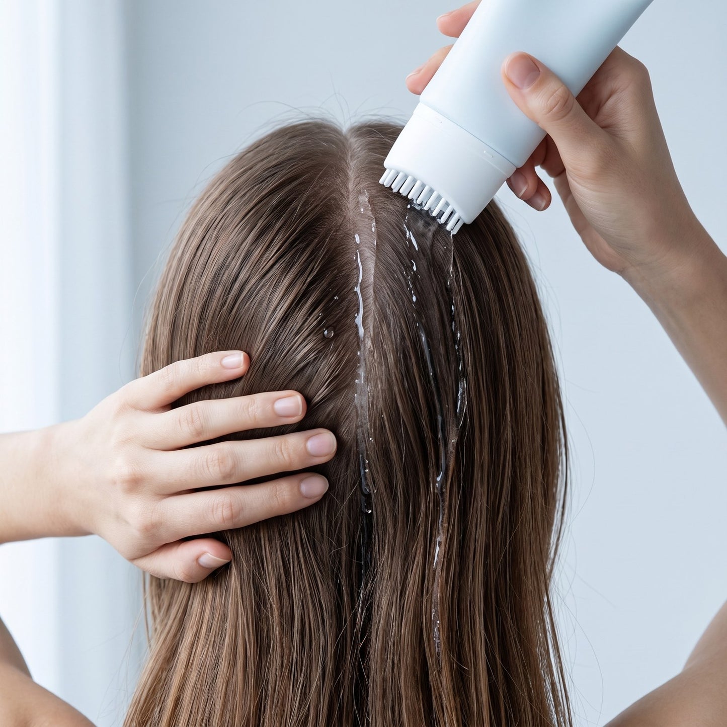 NEVA serum applied along a parting, clearly visible and glossy on the scalp with the hair damp around it