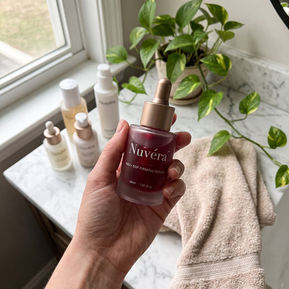 Nuvera serum on a marble bathroom counter, morning routine