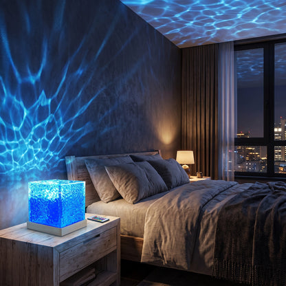 OceanGlow ripple projector glowing in bedroom