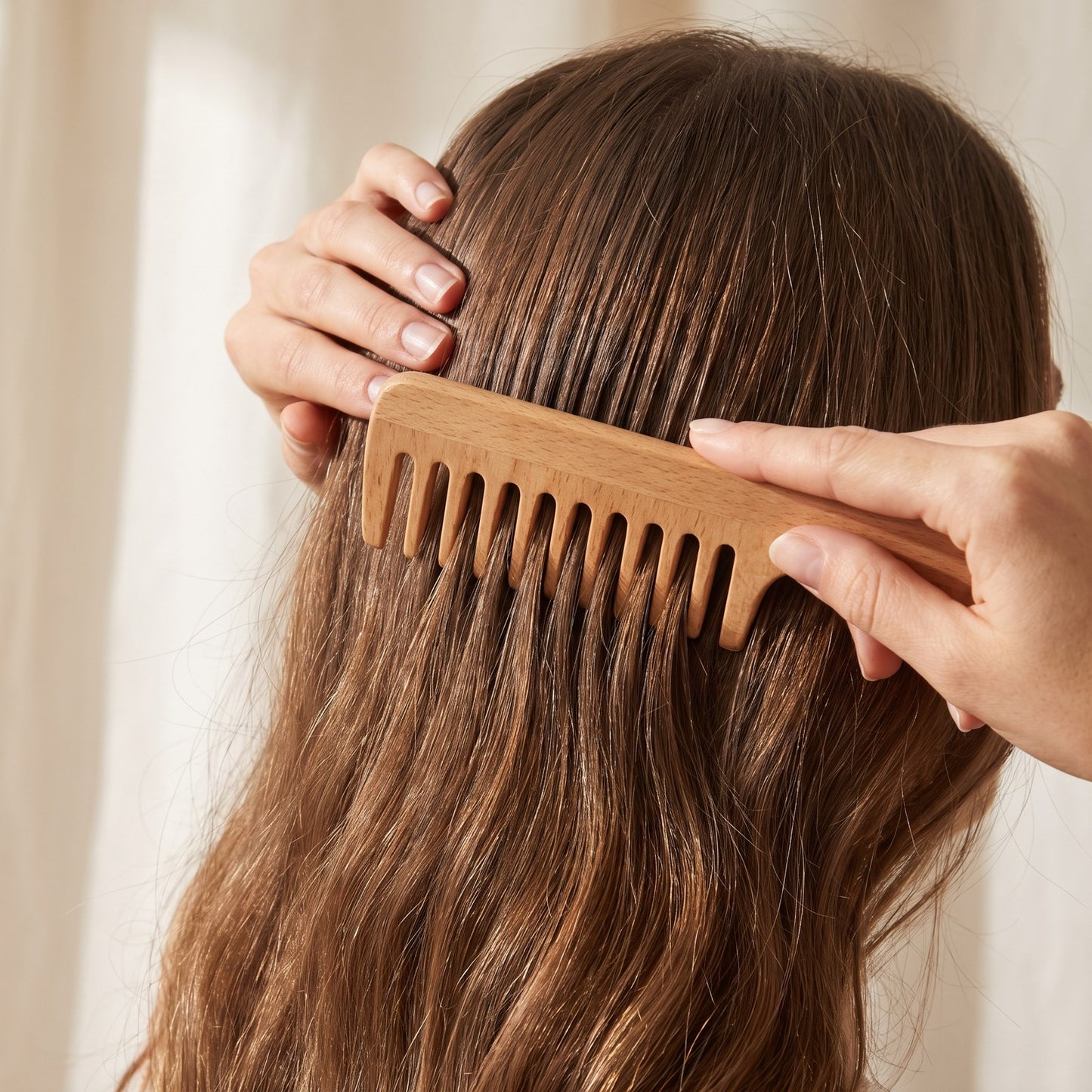 A wide-tooth wooden comb passing cleanly through the mid-lengths of long hair without snagging