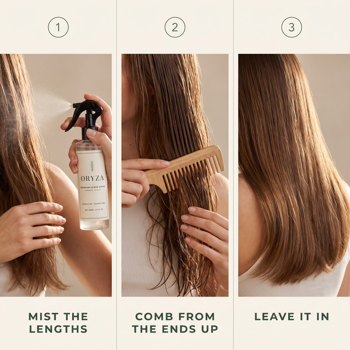How to use ORYZA in three steps: mist the lengths, comb from the ends up, leave it in