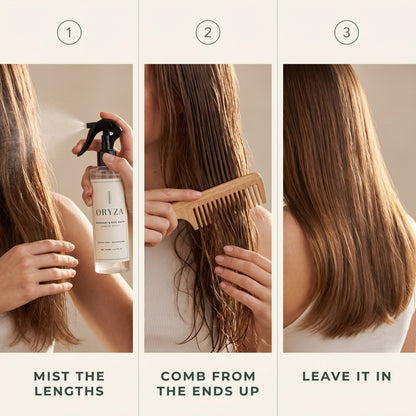 How to use ORYZA in three steps: mist the lengths, comb from the ends up, leave it in