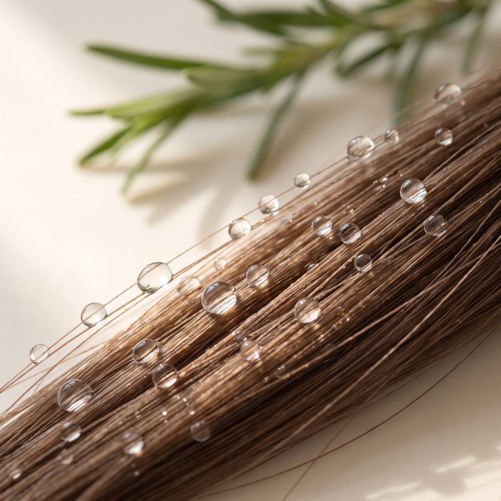 Macro of fine water-light mist droplets settled on smooth separated hair strands