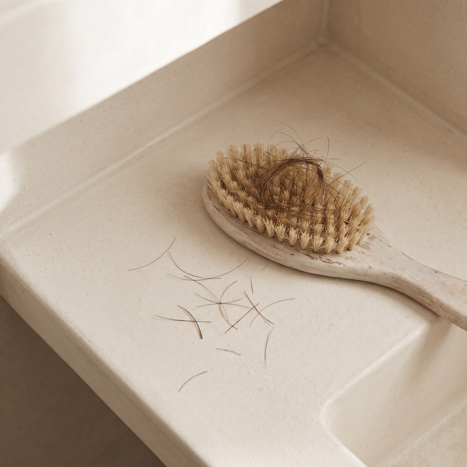 A hairbrush with broken hair caught in the bristles and short broken strands on the surface beside it