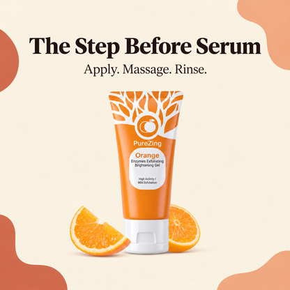 PureZing gel with orange slices. The Step Before Serum: Apply. Massage. Rinse.